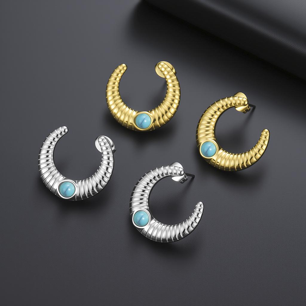 Teamer Turquoise Crescent Stud Earring For Women Girls Gold Color Stainless Steel Simple Style Fashion Jewelry Birthday Gift