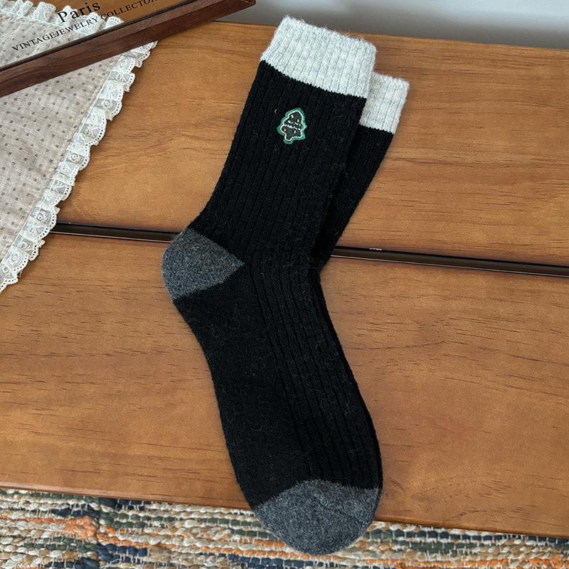 

Socks women s winter thickened warm sleeping socks cute retro embroidered Christmas wool medium tube socks One size fits all