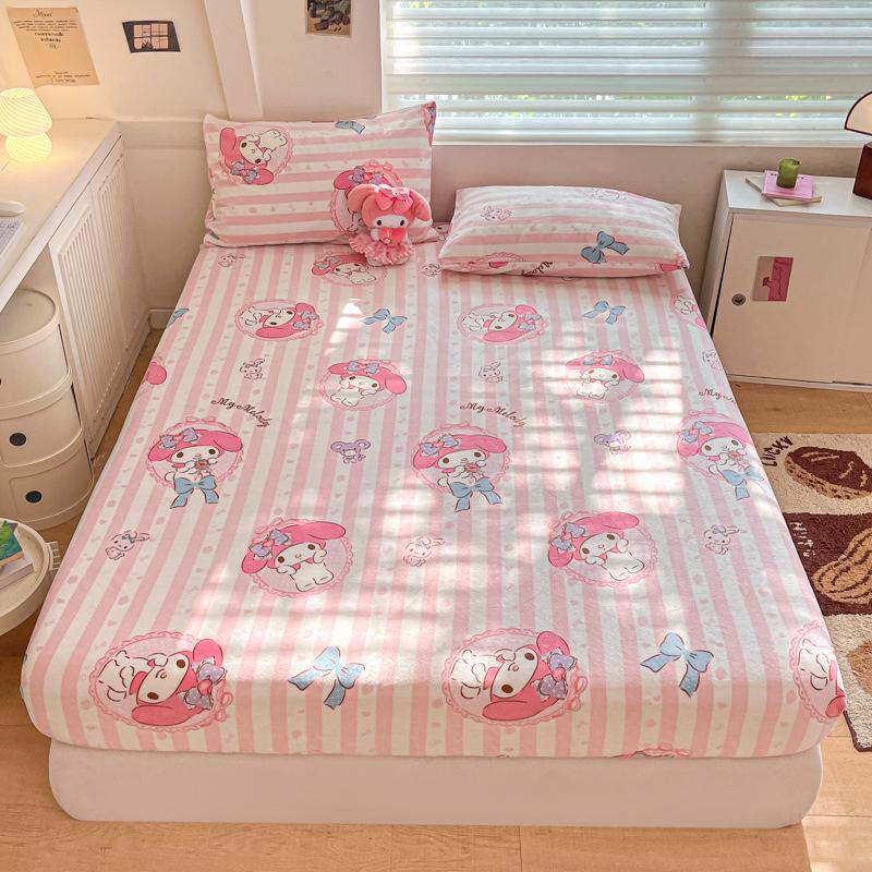 Sanrio Thick Warm Milk Velvet Fitted Sheet - Cute KT Cat, Kuromi & My Melody Design