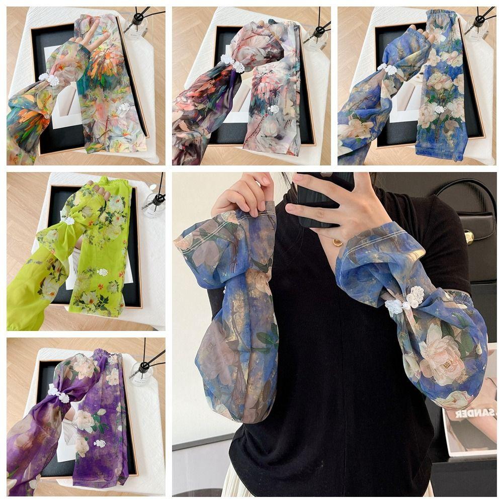 Chinese Style Buckle Printed Ice Silk Sleeves Anti-UV Cycling Gloves Women