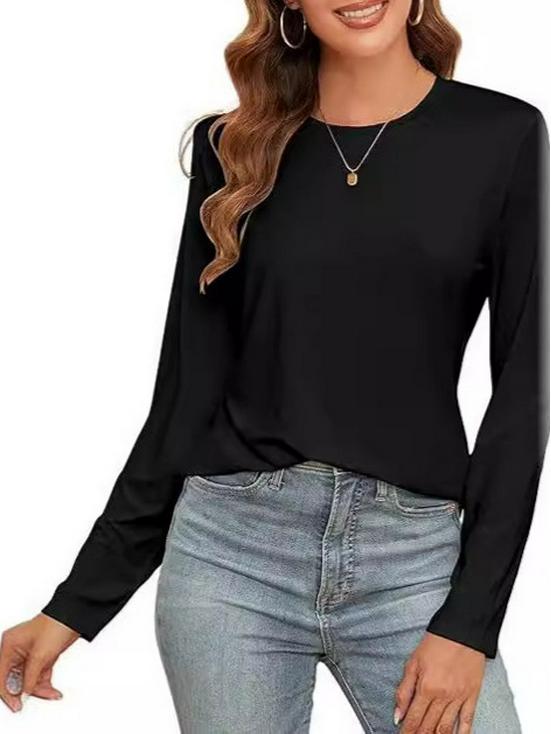 2024 Women's Casual Solid Color Long Sleeve Round Neck T-shirt - European & American Spring/Autumn Style