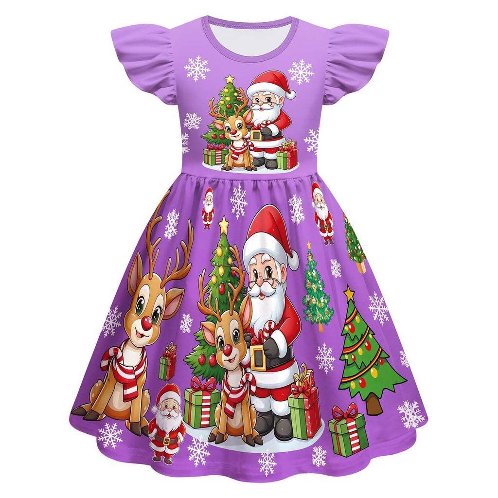 

Детское платье для девочек с мультяшным принтом Санта-Клауса, рождественской елки и лося, с оборками на рукавах, на Новый год 130cm