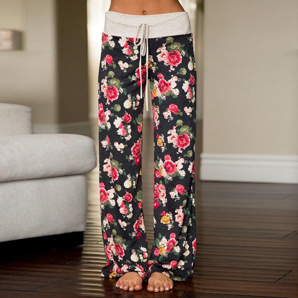 

Large Size Women Print Trousers Ladies Summer Loose Wide Leg Pants BK/M