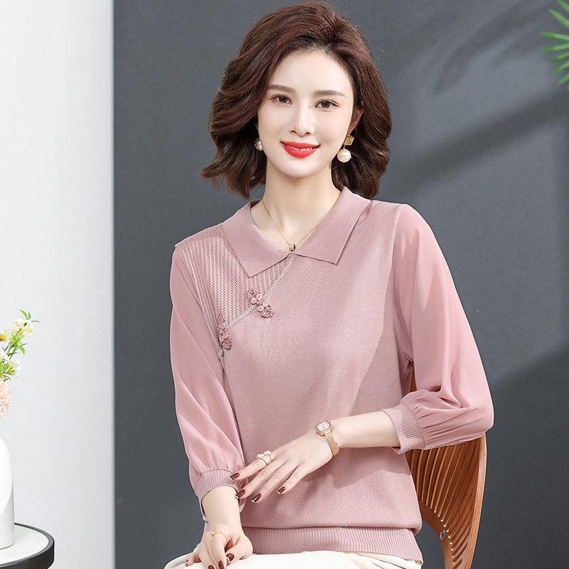

Stylish Gauze Sleeve T-shirt for Middle-Aged & Elderly Women - Spring/Autumn Lightweight Knitwear. L 80-120 lbs рожевий