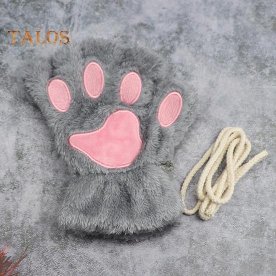 1 Pair Women Winter Gloves Half-finger Cat Paw Shape Thick Plush Elastic Warm Heat Retention Non-slip Windproof Wrist Protection Cycling Riding