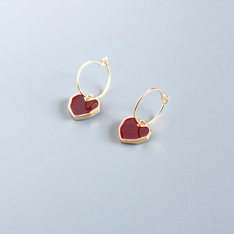 Burgundy Drip Glaze Heart Hoop Earrings for Women - Simple & Versatile Dangle Accessory