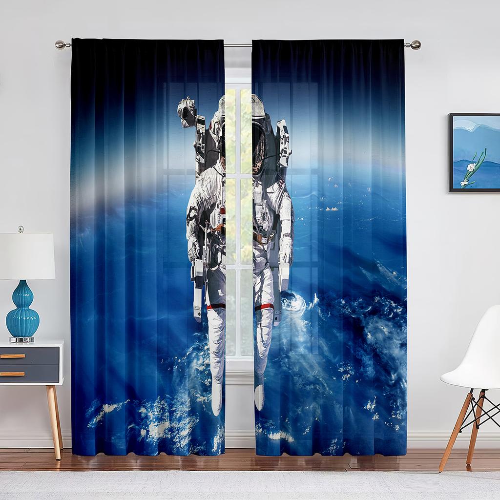 Floating Astronaut In Space Nebula Tulle Curtains for Living Room Bedroom Kitchen Decor Sheer Voile Curtains Window Treatment