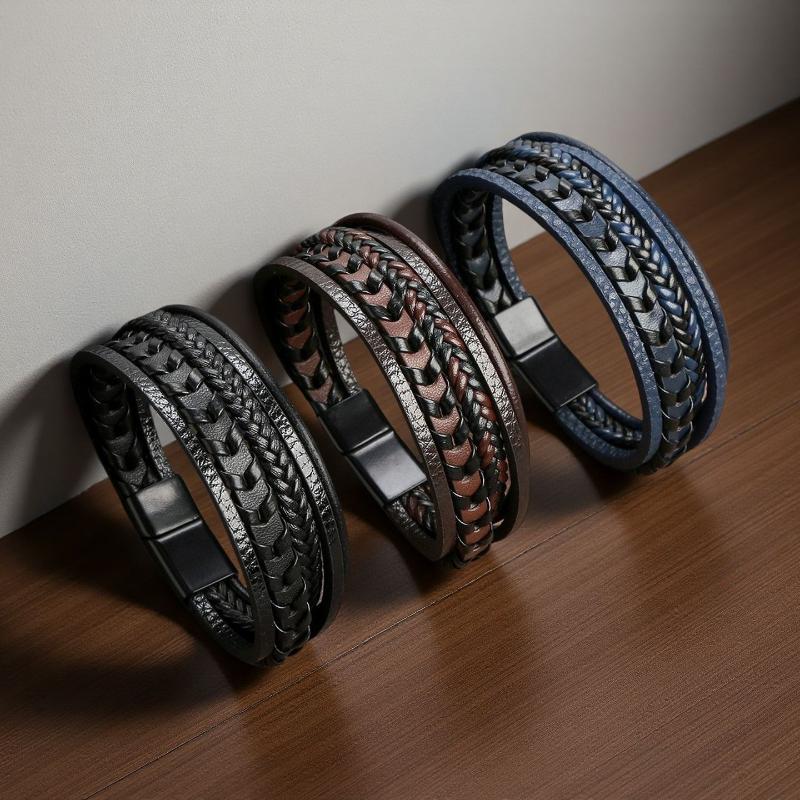 Trendy Men'S Accessories Alloy Magnetic Buckle Multi Layer Retro Leather Rope Braided Bracelet Bracelet  Dressing