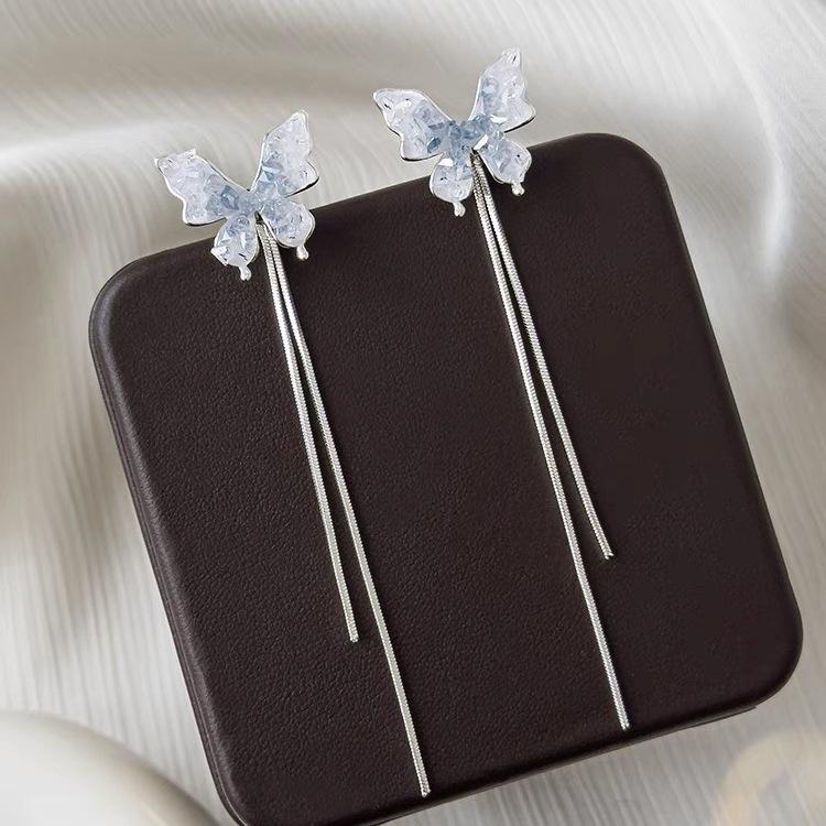 Mori gradual change blue butterfly fringed earrings women, the new simple face thin long earrings 925 silver needle синий