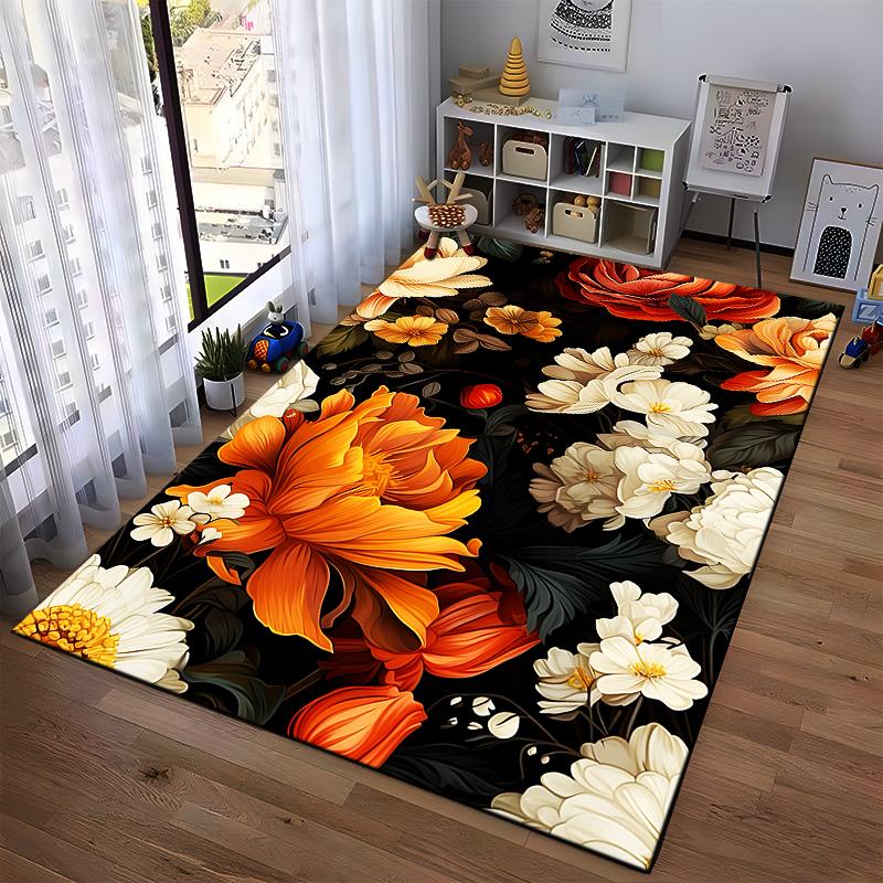 Floral Elegance In Orange and Cream Non-slip Rug Suitable for Living Room and Bedroom Sofas