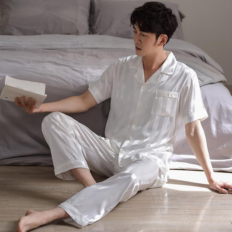 Men's pajamas, ice silk summer thin short-sleeved trousers set, young men's summer large-size loose loungewear set