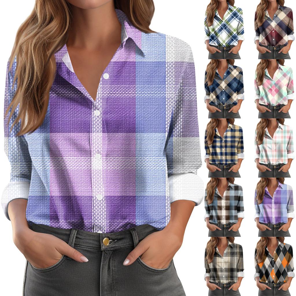 Women's Casual Fashion Plaid Print Half-Open Collar Long Sleeve Shirt