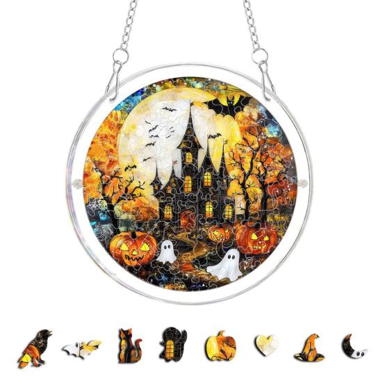 Yousheng Acrylic Puzzle Suncatcher, Halloween Black Cat Castle Raven DIY Sun Catcher Kit, Stained Glass Window Hanging Ornament for Home, Garden