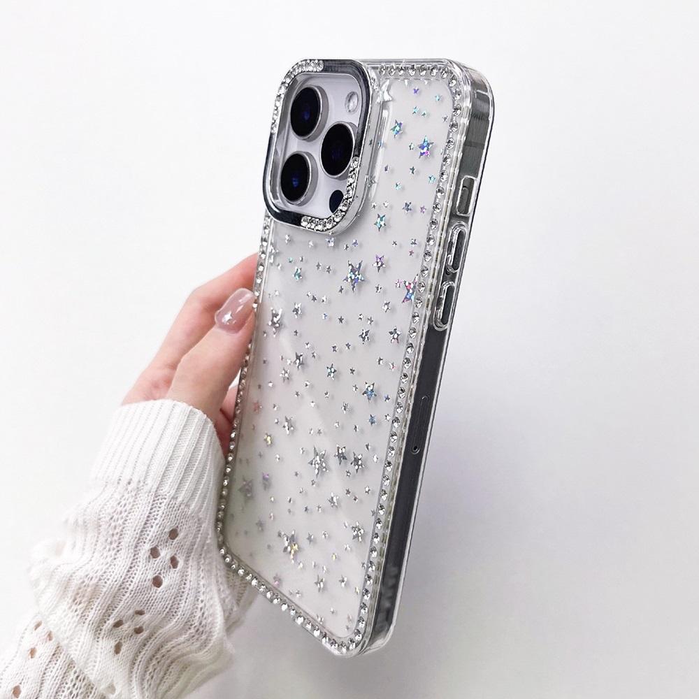 Luxury Laser Stars Rhinestone Bumper Phone Case For iPhone 16 15 14 13 12 11 Pro Max Plus IMD Transparent Shockproof Cases Cover