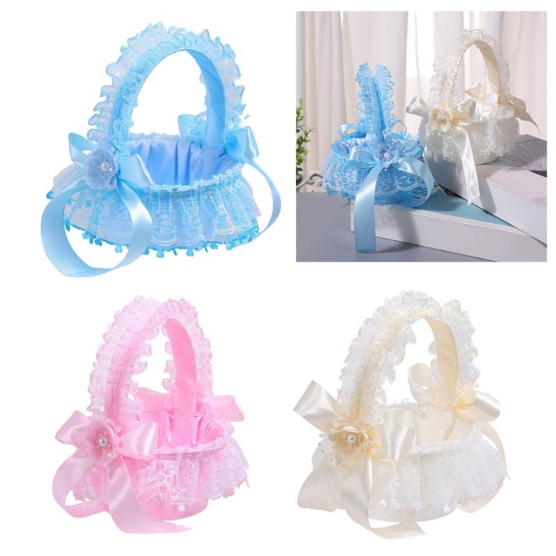 Wedding Flower Girl Basket with Lace Trim Handle Bowknot Flower Baskets for Wedding Ceremony Party Floral Arrangement