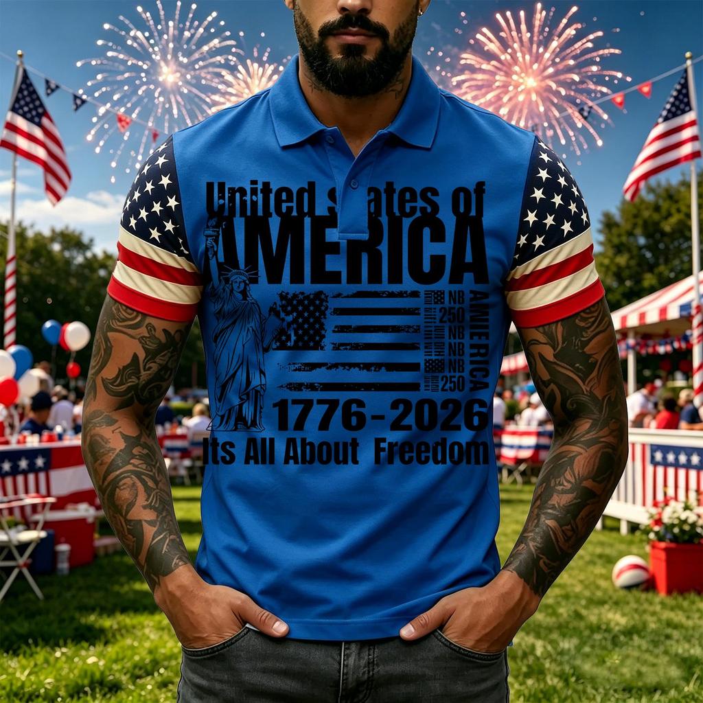 Men's Casual Short Sleeve Polo Shirt with Graphic Print and American Flag Pattern Sleeves Button Down Collar Athletic Fit
