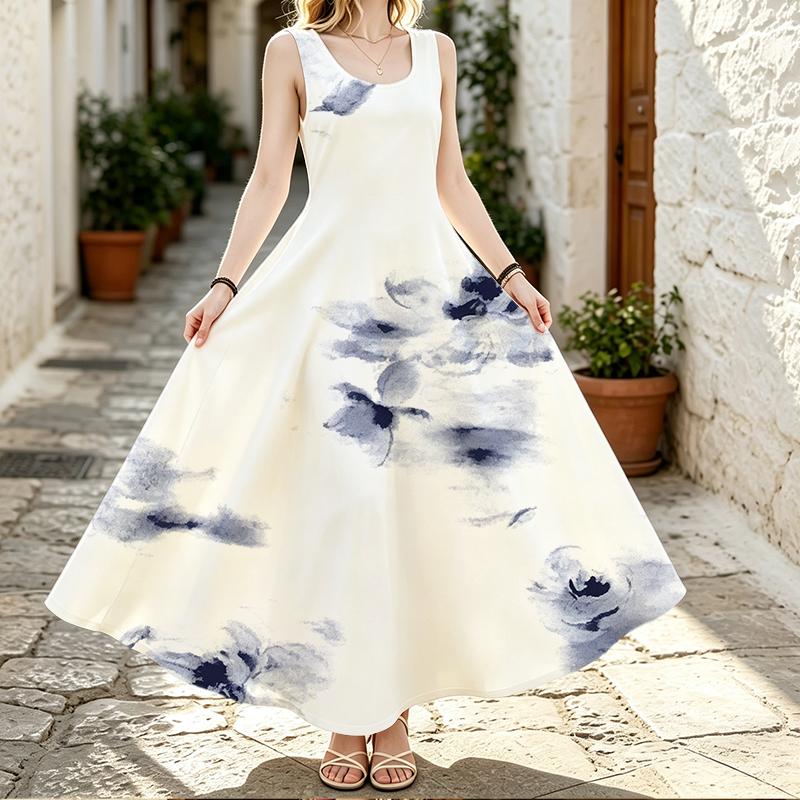 Vintage Chinese Ink Flower Motif U-Neck Sleeveless Long Gown, Lightweight Summer Travel Attire