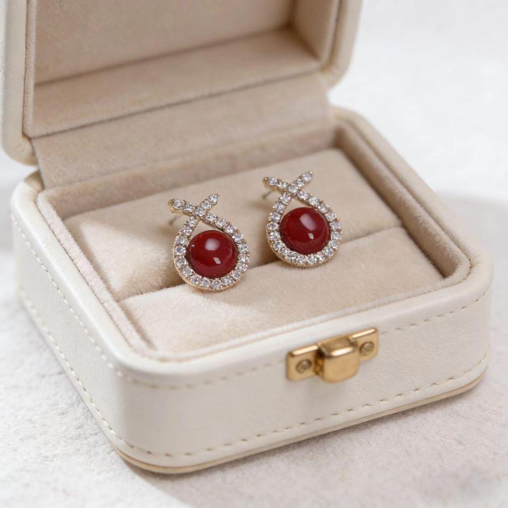 Elegant Red Pearl Rhinestone French Earrings: Women's Light Luxury Fashion Accessory