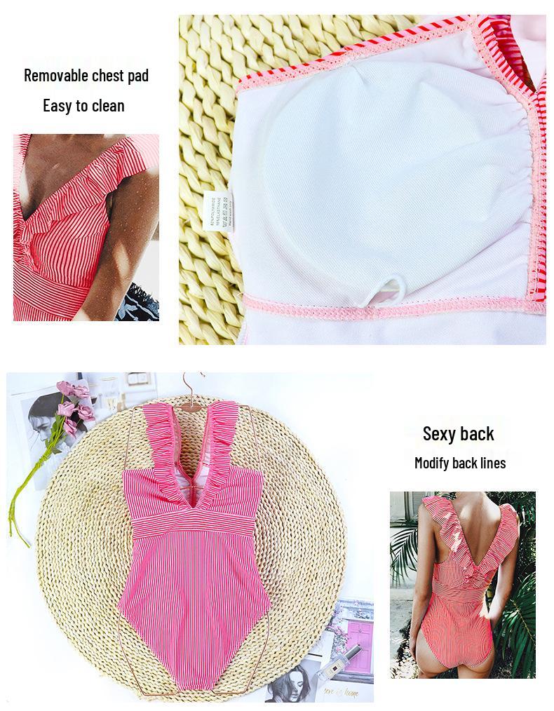 Ruffled Striped V-Neck Backless One-Piece Swimsuit - European and American Style