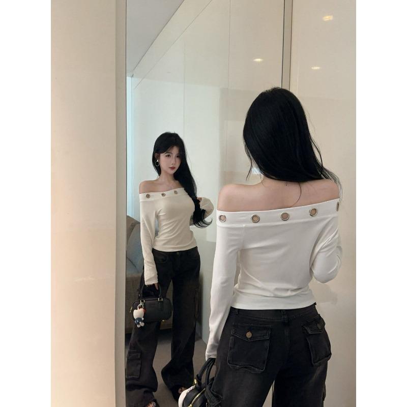 Sexy Rivet Off Shoulder Long Sleeve Fitted T Shirt For Women