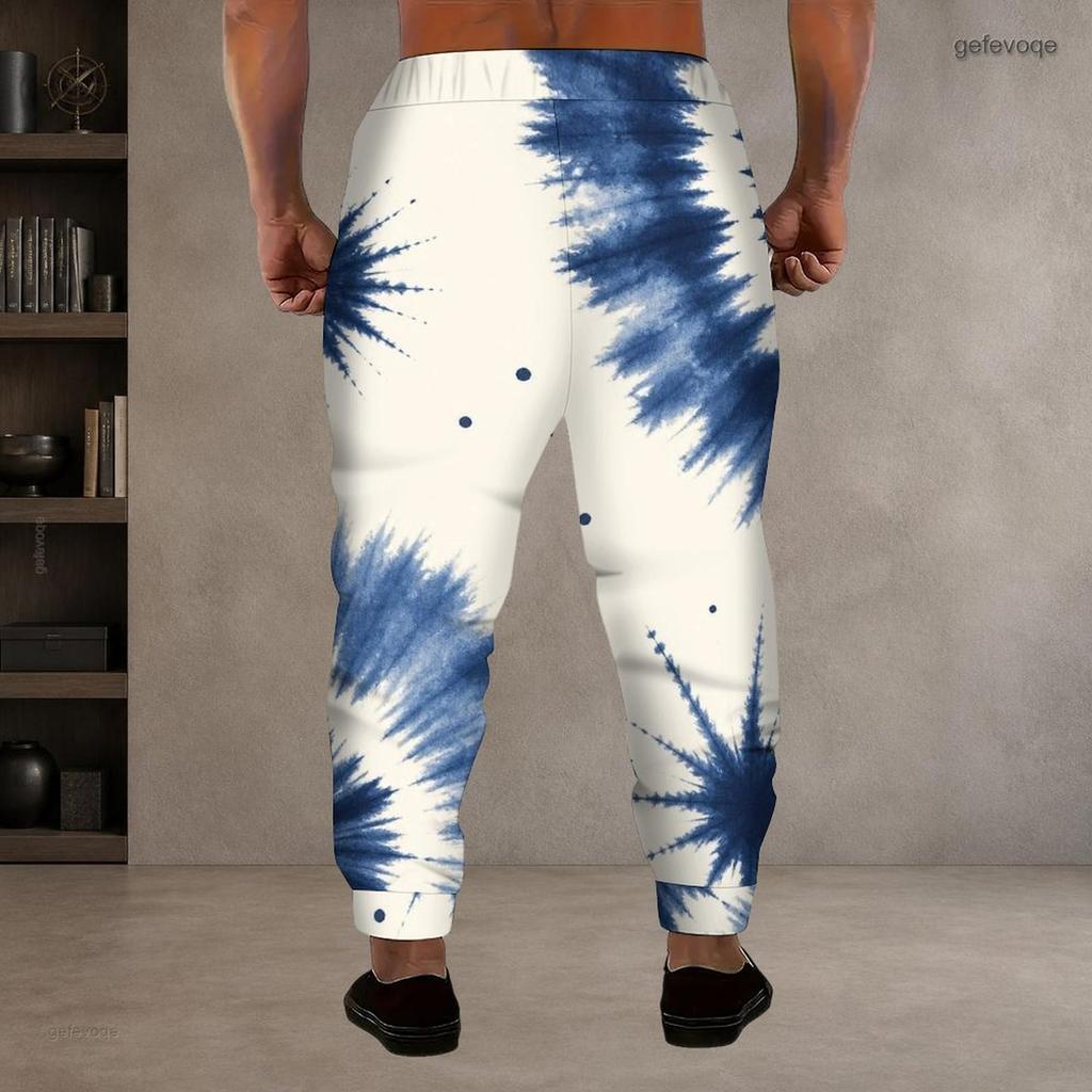 Men Plus Size Blue White Printed Drawstring Jogger Pants Side Pockets Cuffed Ankle Long Trousers