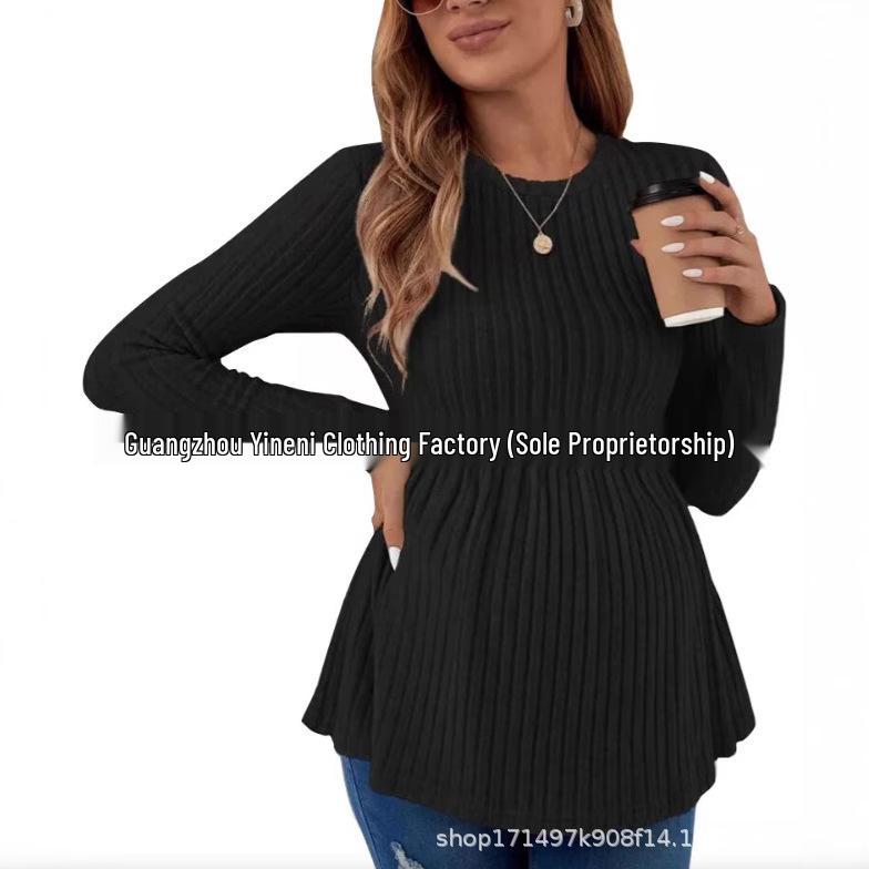 Long-Sleeve Solid Color Maternity Pullover T-Shirt