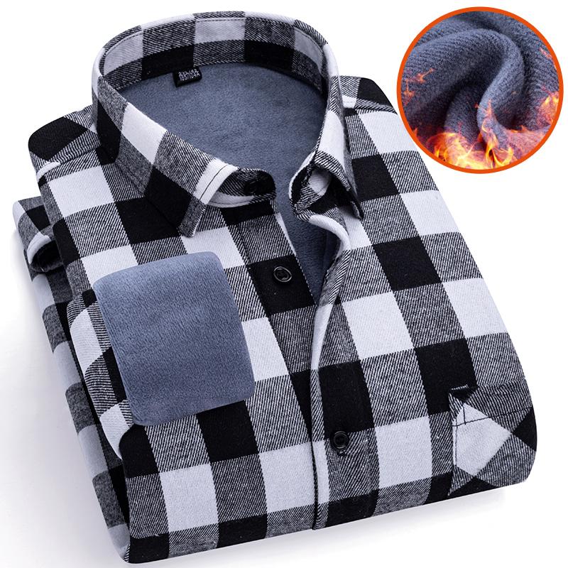 Men's Plaid Flannel Shirt Fleece Lined Warm Turn down Collar Long Sleeve