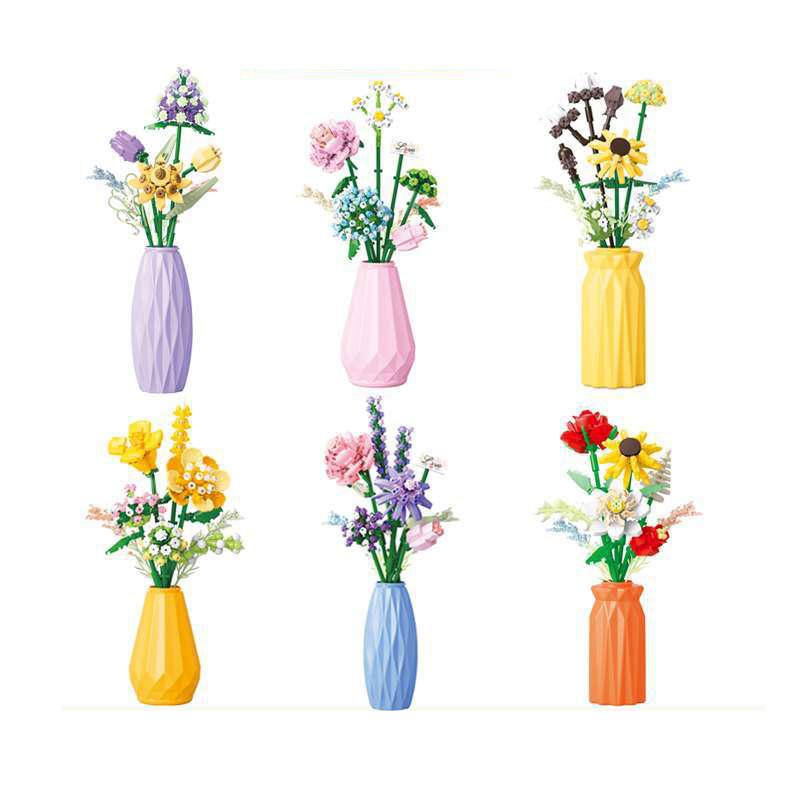 Idea Home Furnishing Building Brick Rose Sunflower Daisy Violet Construction Mini Block Flower Toy With Vase For Girl Gifts