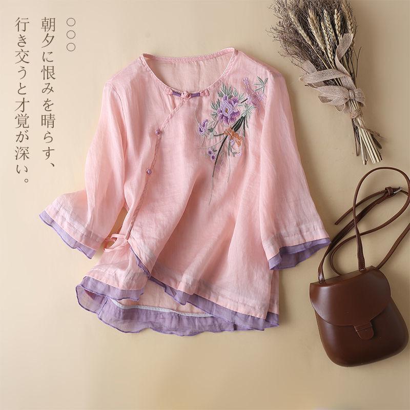 

Хлопок и лен, дизайн с пряжкой, вышивка, рукав три четверти, этнический стиль, летняя новинка, футболка, топ с диагональным коротким рукавом, тренд 4XL розовый