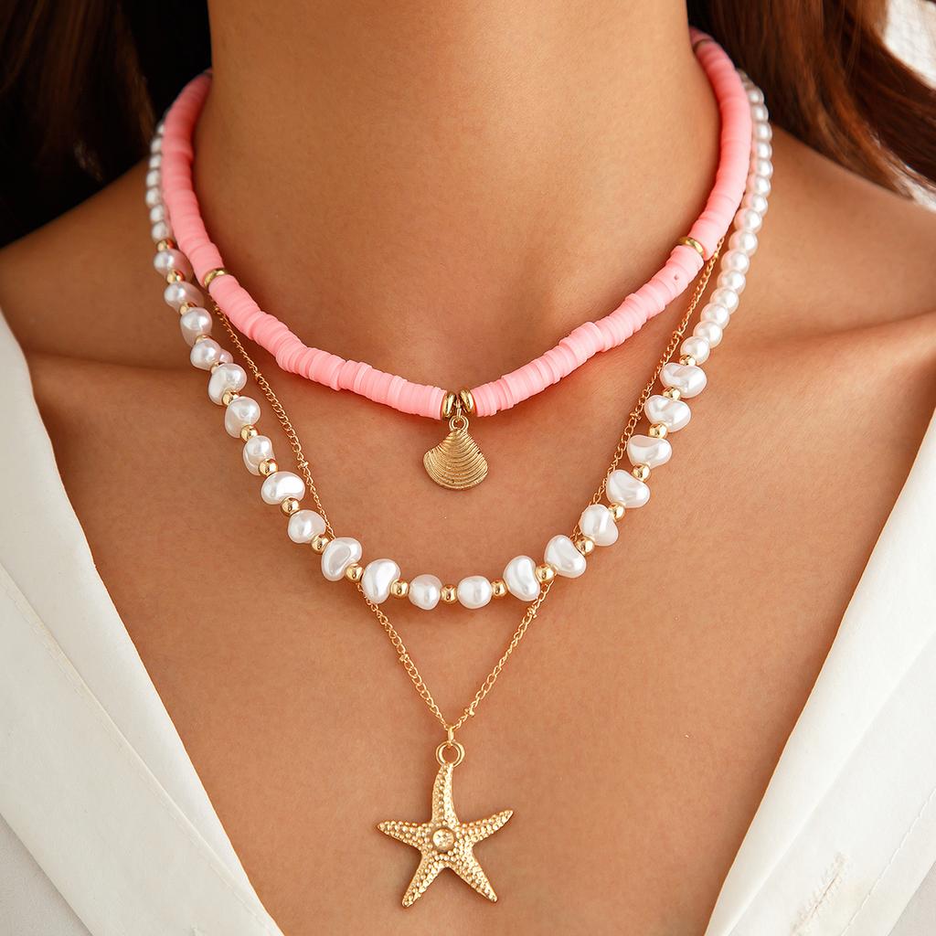 Ingemark 3Pcs Creative Heart Imitation Pearl Polymer Clay Chain Necklace Boho Metal Conch Starfish Pendant Choker Y2K Jewelry