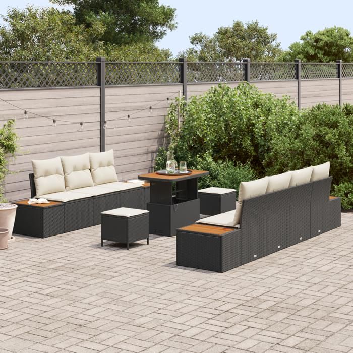 Ensemble de Canapé de Jardin de 10 Pièces avec Coussins Noir Poly Rattan Acacia, Ensemble de Salle à Manger de Jardin de 3 3362880