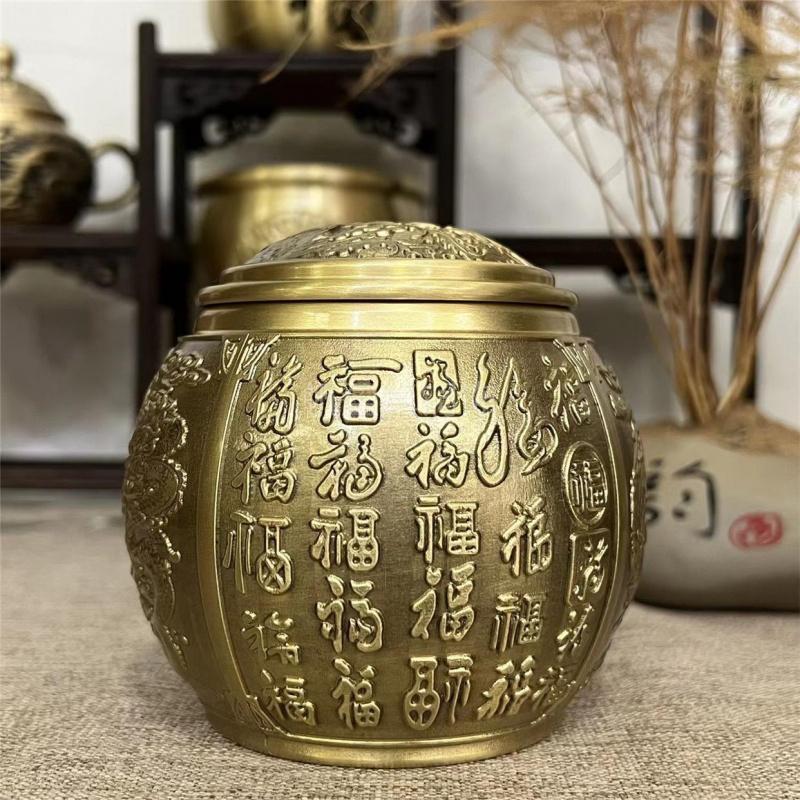 Brass Dragon and Phoenix Hundred Blessings Tea Canister with Lid Brass Golden Dragon Tea Jar Metal High-end Moisture-proof Insec