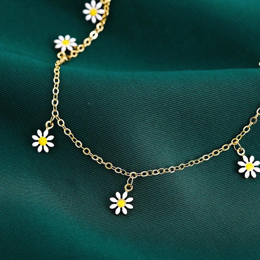 2pcs Set Bohemia Cute Yellow Small Daisy Flowers Pearl Double Layer Fold Wear Anklets for Women Summer Beach Charm Jewelry Gifts