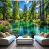 Green Forest Lake Tapestry Wall Hanging, Crystal Clear Water & Pine Tree Nature Landscape Wall Art for Home Decor