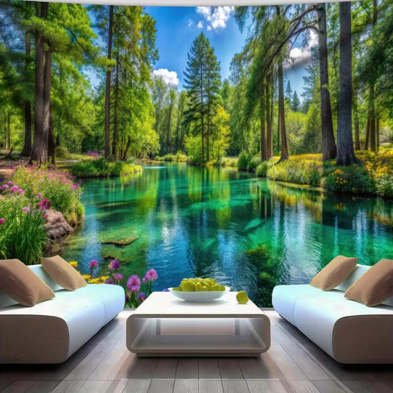 Green Forest Lake Tapestry Wall Hanging, Crystal Clear Water & Pine Tree Nature Landscape Wall Art for Home Decor