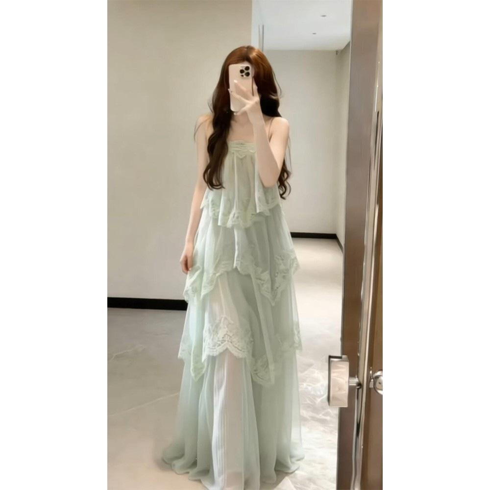 In Stock At the Actual Price, Korean Gentle Wind Lace Beautiful Back Suspender Dress, Spring New Holiday Wind Cake Long Dress for Women