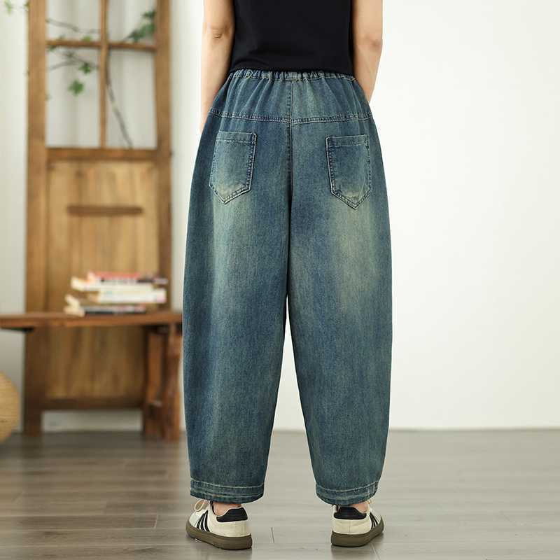 Spring and Summer Personalized Pocket Elastic Waistband Denim Harem Pants Casual 9-inch Pants