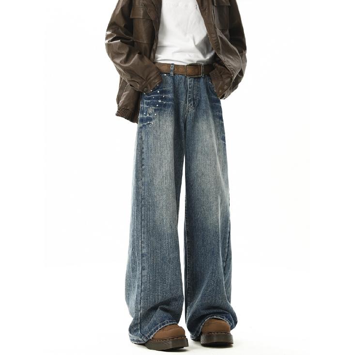 American-Style Retro Rivet Lightning Pattern Jeans Men's and Women's Autumn and Winter Fashionable Washed Distressed Casual Pants Ruan Handsome