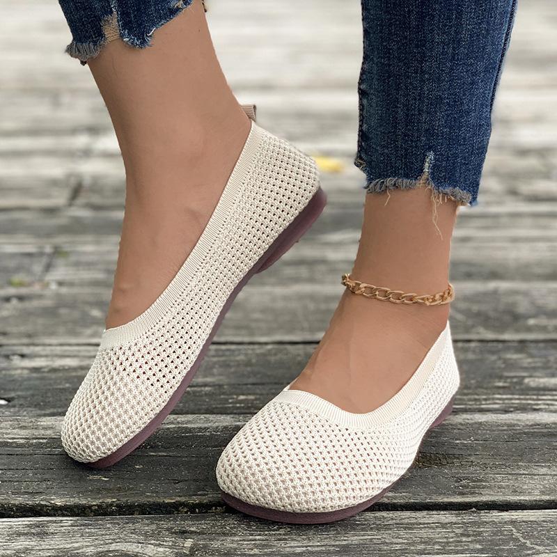 Spring New Solid Color Pointed Flat Bottom Flat Heel Soft Sole Single Shoes Casual Breathable Women's Shoes Hollow Knitted Shoes