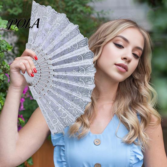 Chinese Style Sturdy Plastic Rib Fan Vintage Lace Folding Portable Floral Pattern Elegant Handheld Lightweight for Tea Wear Hand Dance Performance