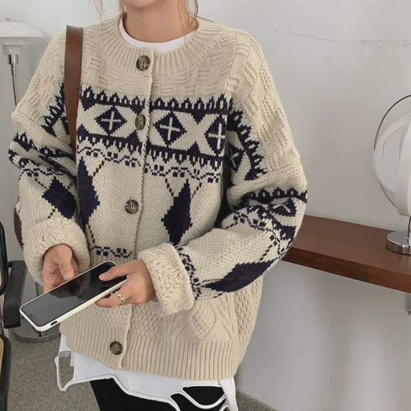 Women's Retro Jacquard Knit Cardigan - Autumn/Winter Loose Fit
