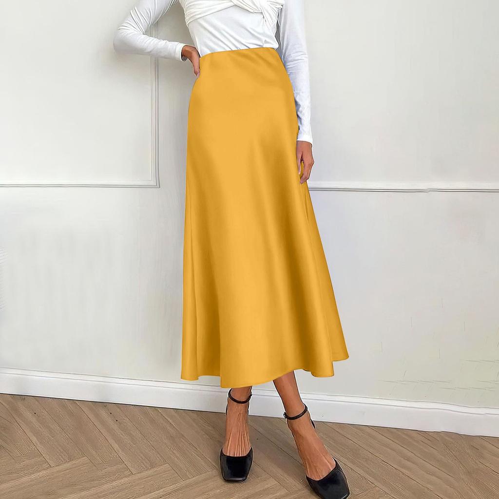 Women's Midi Satin Skirt Dressy Casual High Waisted A Line Flowy Ruffle Elegant Party Skirts
