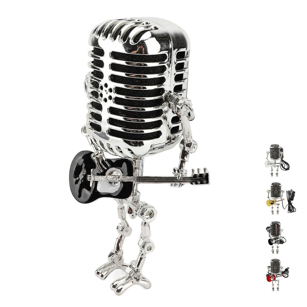 Vintage Microphone Guitar Robot Table Lamp Aluminum Retro Metal Robot Night Light for Bedroom Desk H