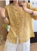 New Chinese Cotton and Linen Embroidered Shirt Women's Summer New Loose Stand-up Collar Single-row Bead Buckle Loose Top