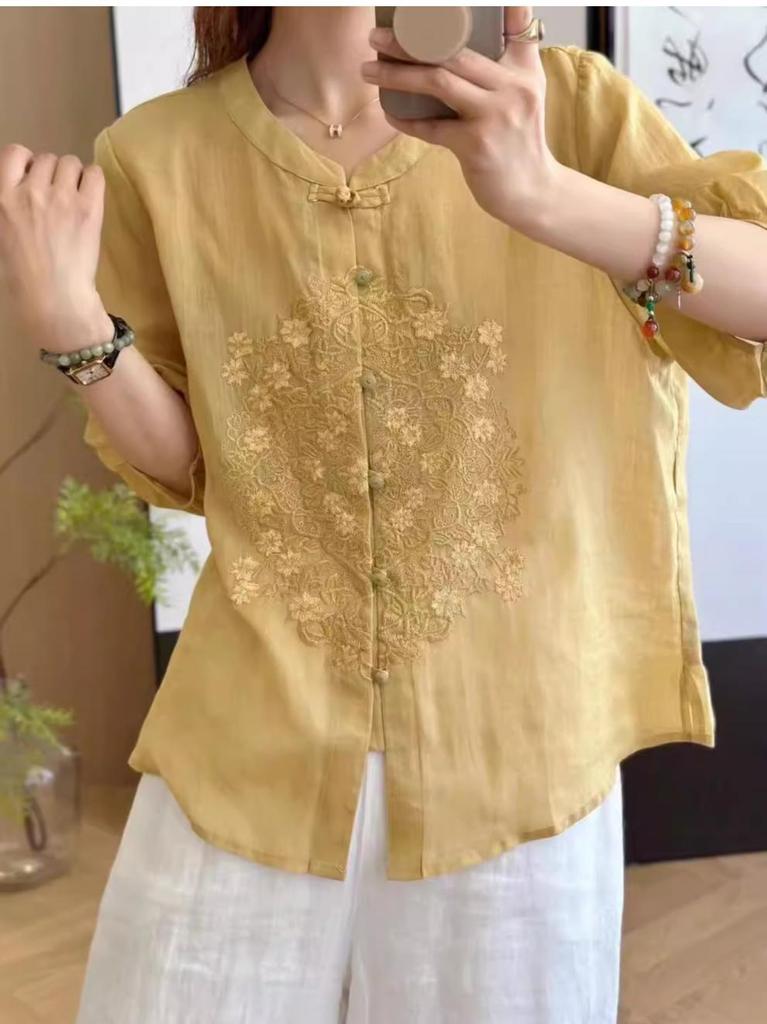 New Chinese Cotton and Linen Embroidered Shirt Women's Summer New Loose Stand-up Collar Single-row Bead Buckle Loose Top