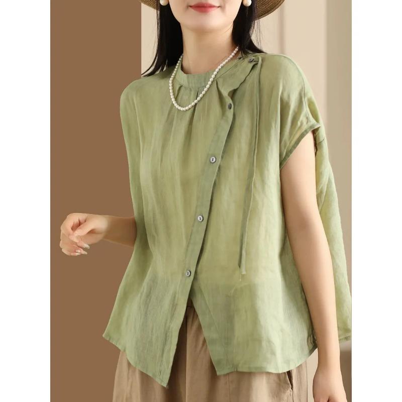 Retro Artistic Diagonal Buttoned Ramie Shirt Summer Temperament Irregular Cotton and Linen Cardigan Top M зелёный