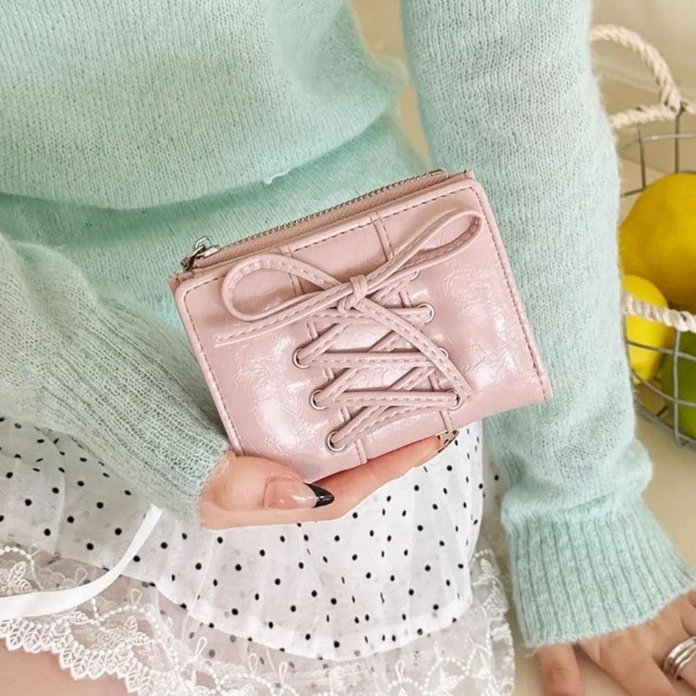 New Folding Coin Purse Portable Zipper Credit Card Holder Strap Bow Coin Pouch Women