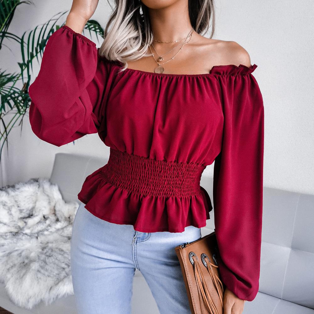 DAFIFY Women's Fashion Casual Solid Color Print Fall Winter Long Sleeve One Shoulder Pullovers & Long Sleeves