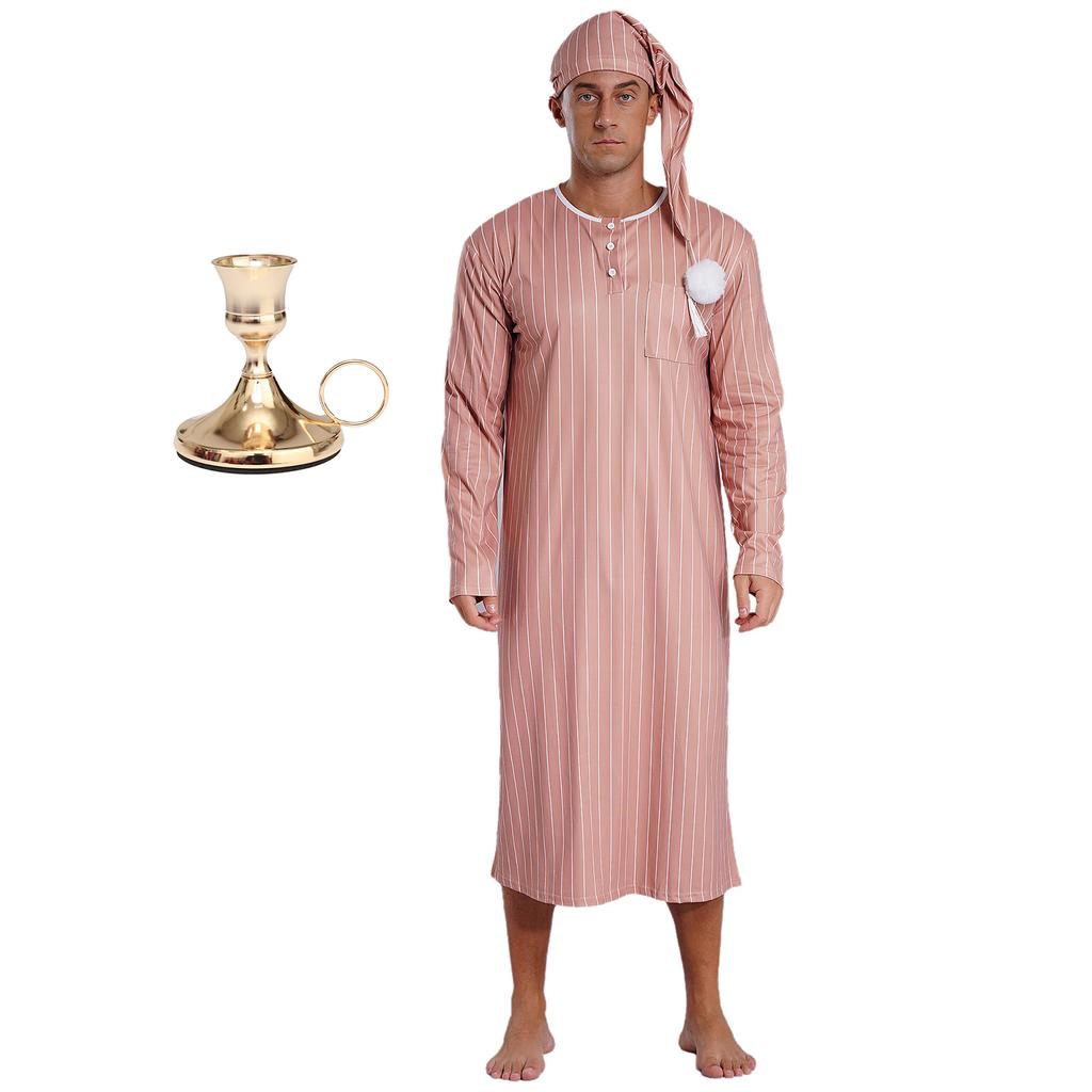 Men's Christmas Pajama Set Striped Sleep Dress Robe with Matching Hat and Candle Holder