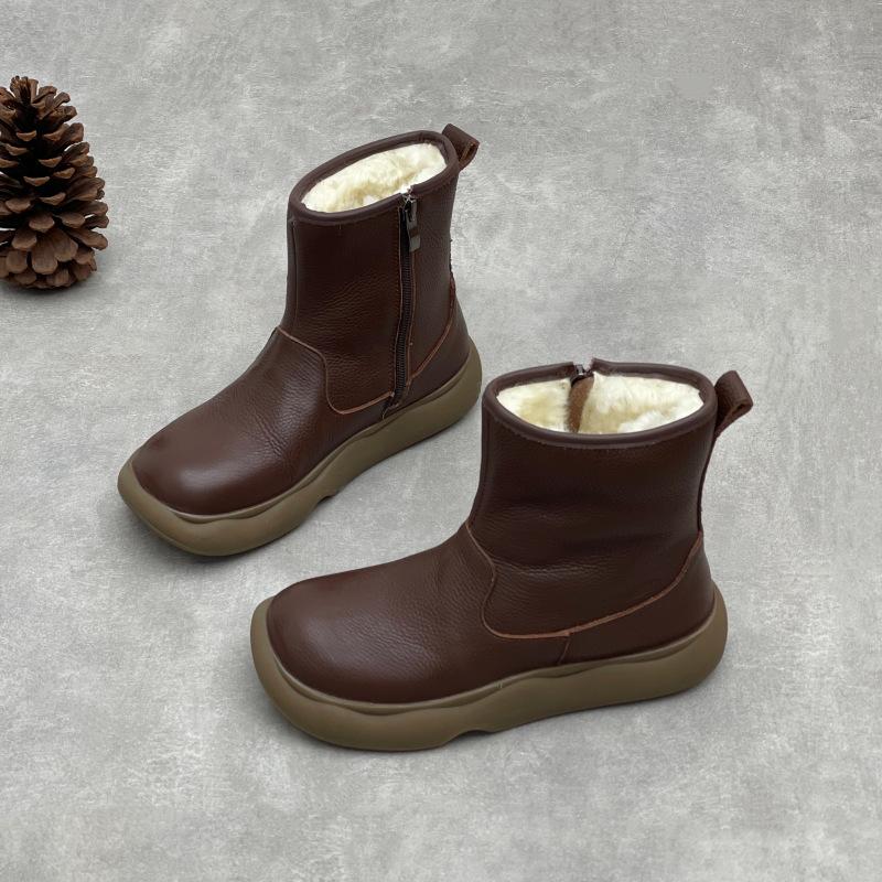 Johnature Genuine Leather Warm Cotton Boots Thick Soled Comfortable Side Zipper Women's Short Boots